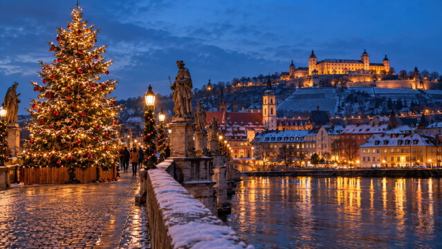 Weihnachten auf der Alten Mainbr&uuml;cke in W&uuml;rzburg: Ein leuchtender Weihnachtsbaum steht neben steinernen Figuren, w&auml;hrend Festung Marienberg und Stadtlichter &uuml;ber dem Main erstrahlen.