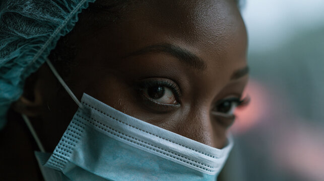 Close up portrait of a medical professional wearing a protective surgical face mask