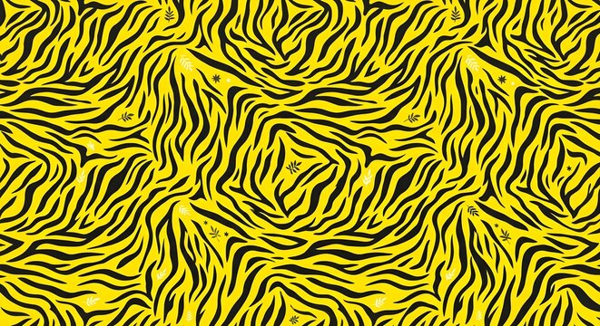Seamless yellow and black tiger zebra stripe pattern background with tropical leaf accents