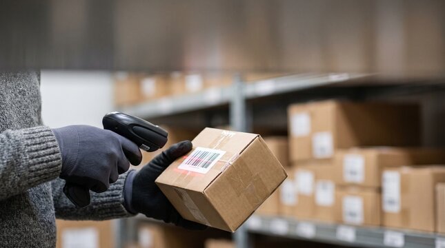 Close-up of a person scanning a barcode on a cardboard box with a handheld scanner, illuminated by a red laser in a warehouse. Ideal for logistics, inventory, and delivery concepts.