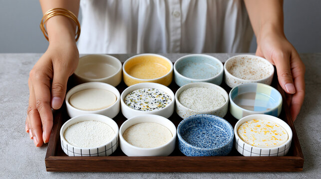 Person holding a wooden tray filled with various small bowls of natural ingredients