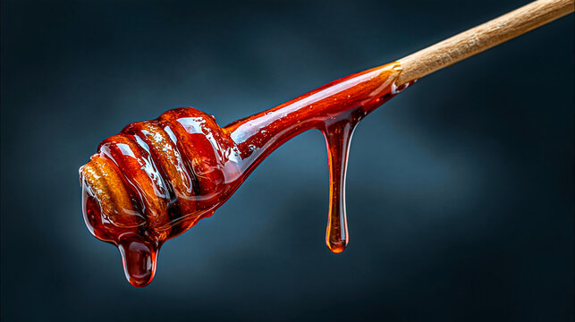 Thick dark honey dripping from a wooden dipper against a moody textured background