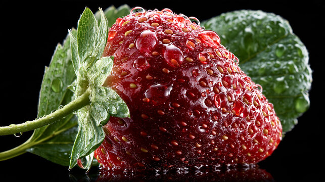 Single ripe fresh strawberry with green leaves covered in clear water droplets on black