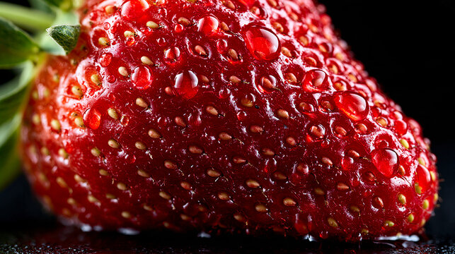 Fresh red strawberry with water droplets against a dark background