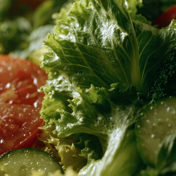 Close up shot of fresh mixed salad with lettuce cucumber and tomatoes