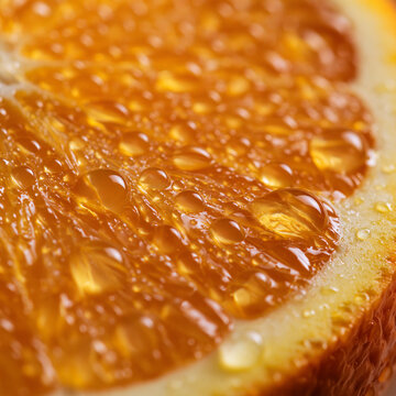 Fresh orange slice segment covered in glistening water droplets for hydration concept