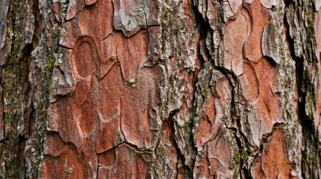 Close-up of rugged pine tree bark texture with natural patterns and earthy tones, showcasing the rough surface of an old tree trunk