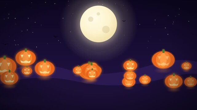 Halloween pumpkin patch with glowing jack-o-lanterns under full moon night loop
