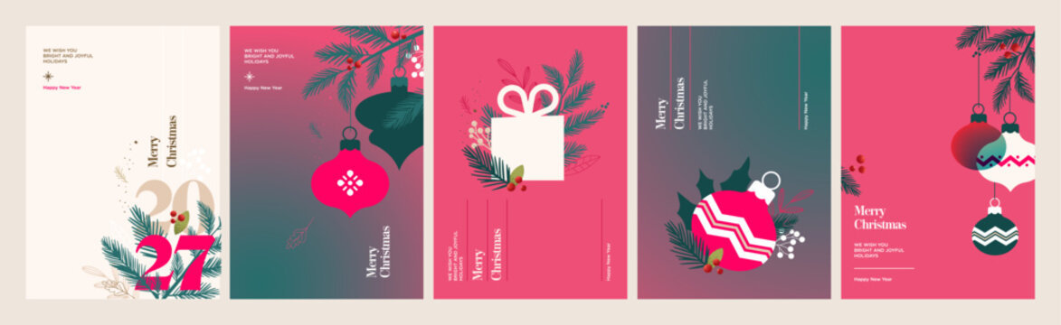 Merry Christmas and Happy New Year. Set of vector illustrations for holiday greeting card, poster, cover, website and social media banner, marketing material.