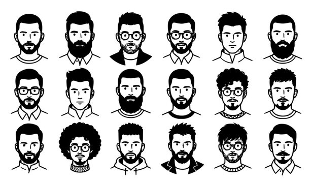 Men's Haircuts and Black Hairstyles Vector Portrait Icon Set
