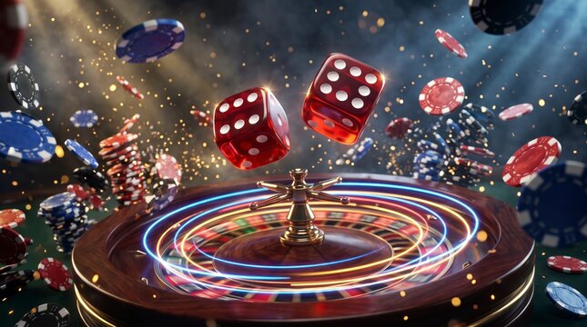 Explosive Casino Adventure: Dice and Roulette Wheel Action Shot