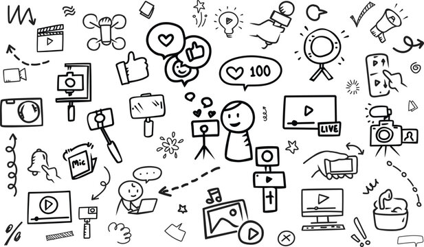 Social media vlog content creator and video streaming doodle pattern