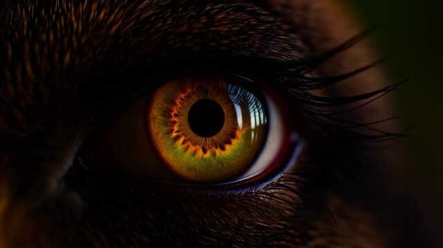 Extreme macro photorealistic footage of a real anoa's eye with a beautiful warm honey-brown
