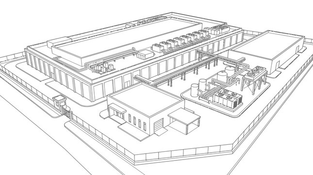 Industrial facility outline drawing depicts a modern factory complex with multiple buildings, ventilation systems, and processing units, illustrating the layout of a manufacturing operation.