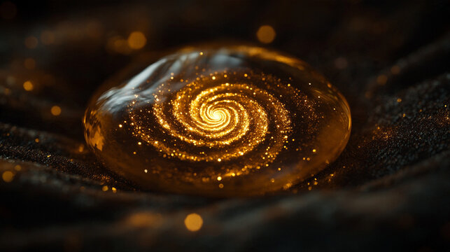 Extreme macro close-up of a single translucent grain of sand resting on dark velvet, an entire miniature golden spiral galaxy glowing within its microscopic interior, impossible sc