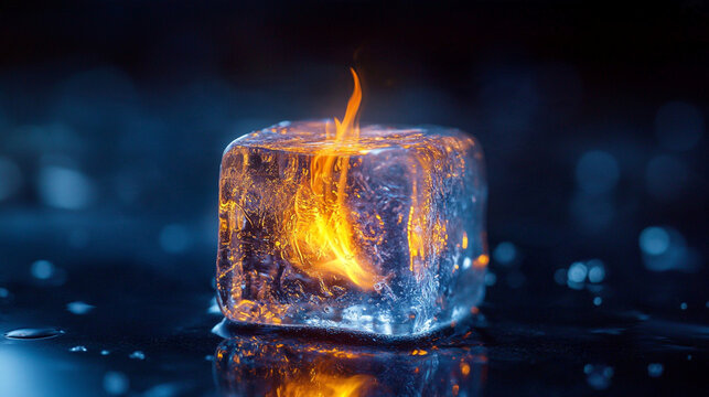 Extreme close-up of a perfectly transparent ice cube containing a tiny living golden flame, the ice remaining completely unmelted, extraordinary impossible coexistence of fire and