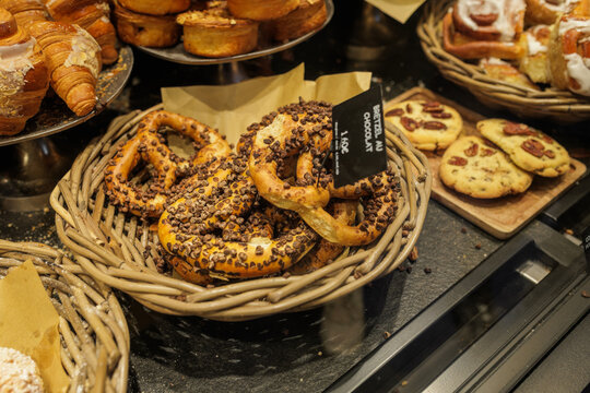 Traditional pretzels displayed in French bakery