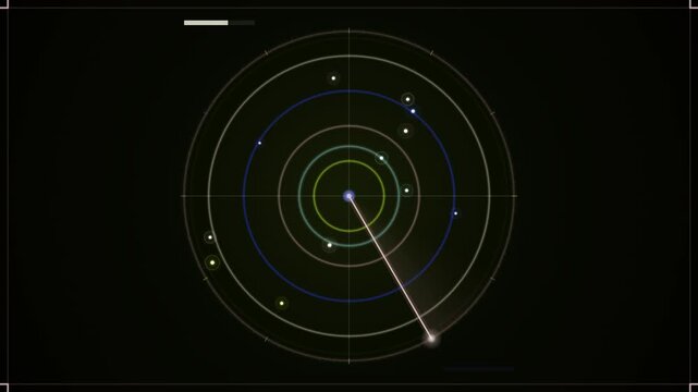 A looping radar display shows concentric circles with moving points against a dark background.