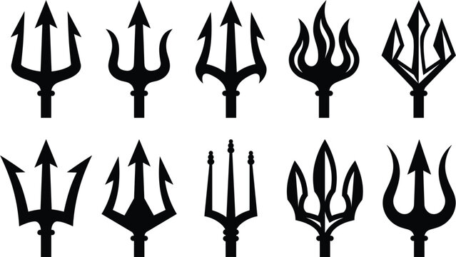 Collection of poseidon trident silhouettes and sharp neptune spear logos isolated on white background
