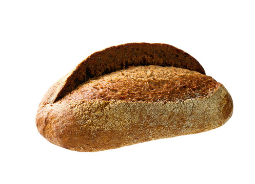 loaf of whole grain yeast-free buckwheat bread with flax seeds , isolated on white background.