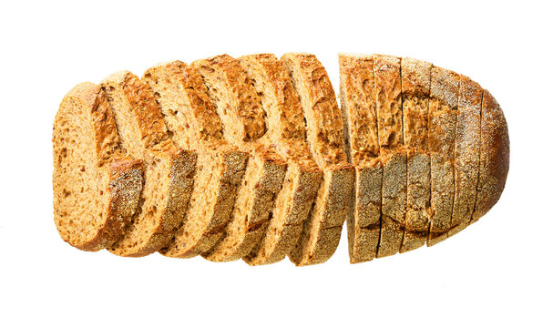 Sliced whole grain yeast-free buckwheat bread with flax seeds, isolated on white background, top view.