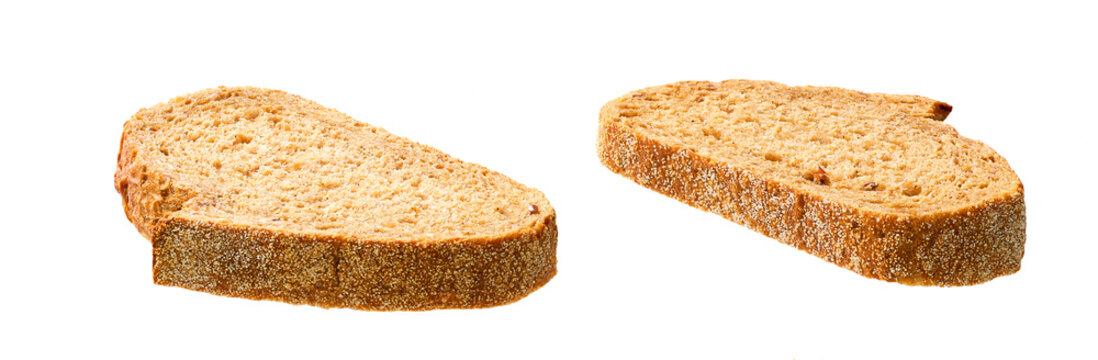 pieces whole grain yeast-free buckwheat bread with flax seeds, isolated on white background .