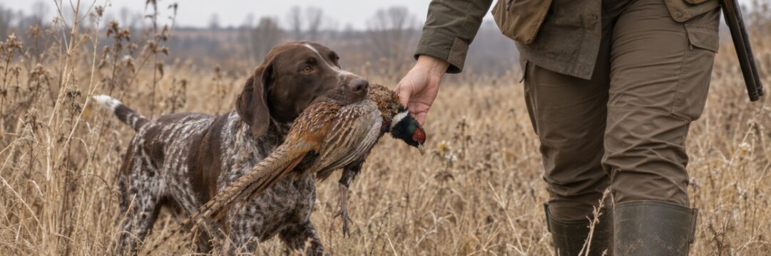 Hunting dog retrieving pheasant to hunter in dry grass field during upland bird hunt