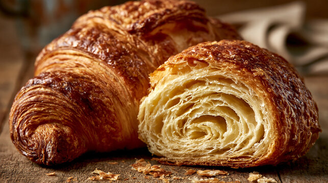 Golden flaky croissant pastry cut in half on rustic wooden board with french