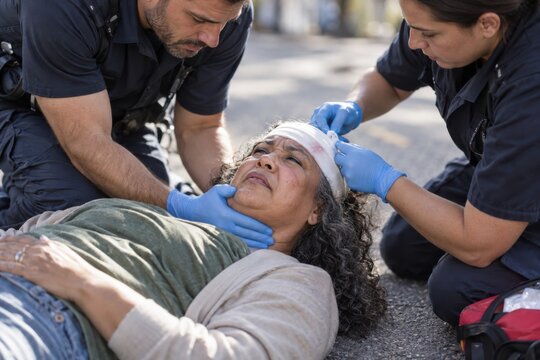Paramedics treating injured woman with head bandage during roadside emergency response