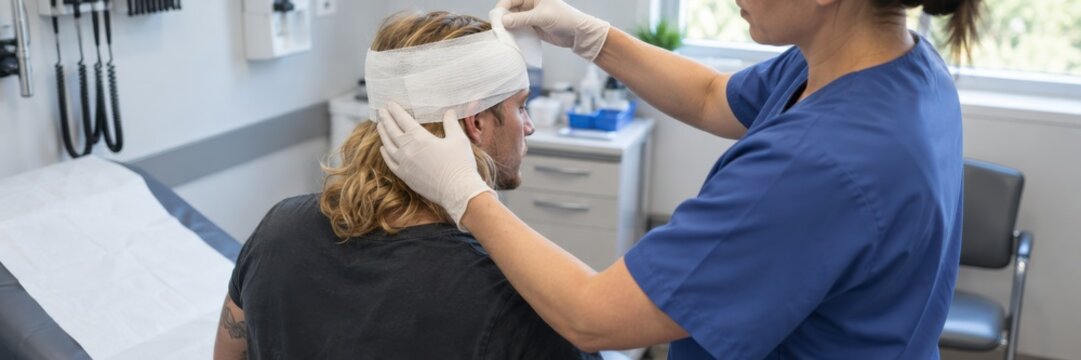 Nurse applying head bandage to male patient in medical exam room after scalp injury treatment