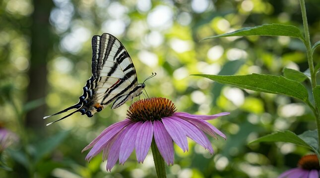 Macro nature photographya striking striped swallowtail butterfly resting gently on a vibrant garden flower surrounded by lush bokeh foliage detailed zebra swallowtail butterfly flower green