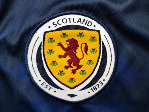Photo of the embroidered emblem of the Scotland national football team&rsquo;s 2026 home kit. 