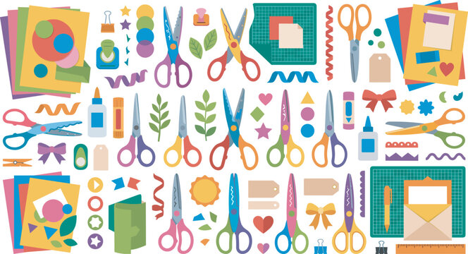 Colorful vector collection of paper craft icons featuring multiple craft scissors cutting mats glue sticks decorative tape sheets and scrapbooking elements isolated on white background