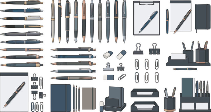 Elegant vector collection of professional corporate stationery icons featuring executive luxury pens fountain pens notebooks clipboards and modern dark desk organizers isolated on white background