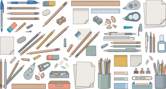 Comprehensive vector collection of office stationery icons including pencils pens erasers sticky notes rulers pencil sharpeners and desk organizing holders isolated on white background