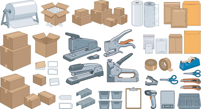 Comprehensive vector collection of shipping and logistics icons including cardboard boxes bubble wrap heavy staplers packaging tape scales and warehouse tools isolated on white background