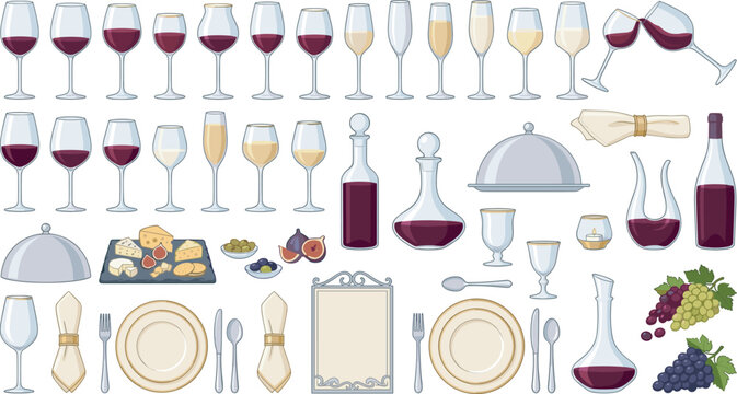 Elegant vector collection of fine dining icons including wine glasses decanters bottles plates cutlery cheese platter and grapes isolated on white background