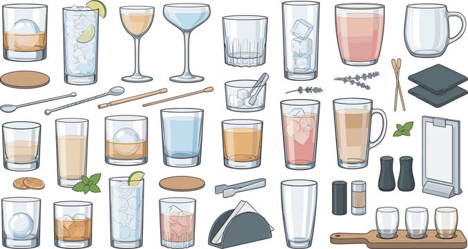 Comprehensive vector collection of bar glassware icons including cocktail glasses whiskey tumblers highballs shot flights and barware accessories isolated on white background