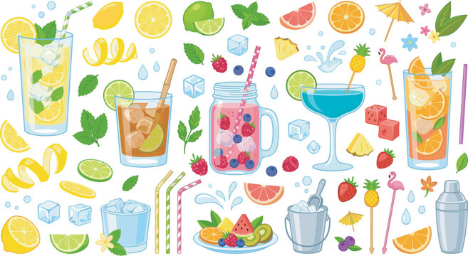 Vector collection of summer cocktails and refreshing drinks elements including lemonade mojito iced tea 