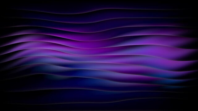 Vibrant purple and blue light flowing across layered wavy ridges with smooth glowing neon gradients. Luminous waves rippling on a dark background. For branding, intros and promos. Seamless 4K loop.