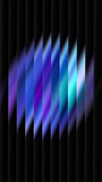 Blue neon glass sphere spinning clockwise behind diagonal mirror stripes on black. Cyan and violet gradient orb refracted through slanted ribbed glass. Vertical video for stories and reels. 4K loop.