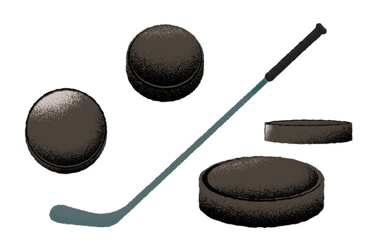 Hockey stick and puck isolated. Sport equipment