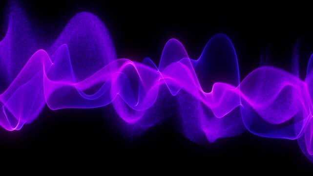 Fuchsia and indigo particle dust swirls into sheer glowing waves on black. Grainy sparkling texture meets smooth transparent veils. Magic energy flow for concerts, VJ sets and fantasy intros. 4K loop.