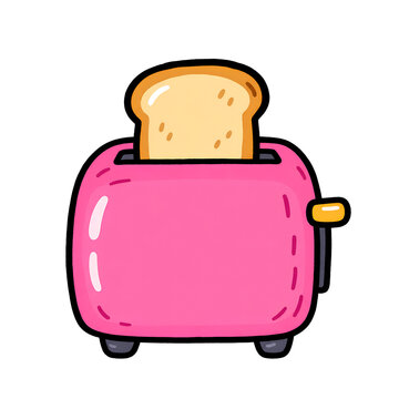 Pink bread toaster with toasted bread slice, cute cartoon breakfast kitchen appliance sticker icon vector