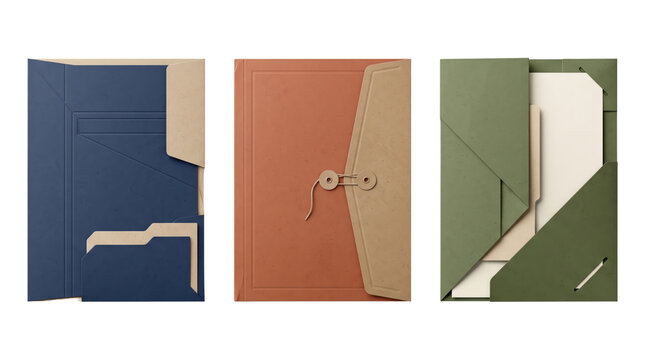 Three vertical stationery folders in blue, terracotta, and olive green, featuring paper pockets, string ties, and folded cardstock flaps