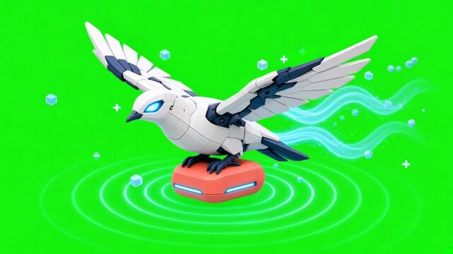 Animated 3D robotic cyber bird mech pigeon perching on green screen