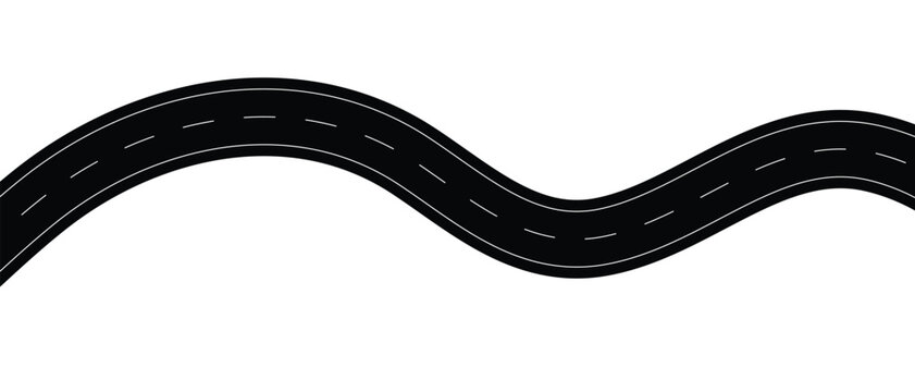 Winding asphalt road vector illustration, curved highway with white markings, perspective view of a long journey path for logistics and travel concepts
