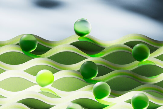 Green Spheres Over Flowing Organic Wave Landscape