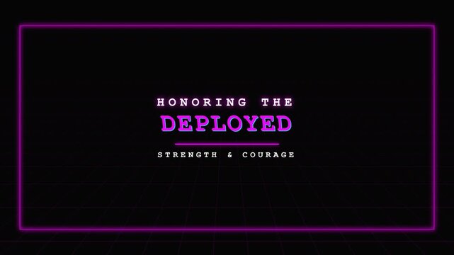 Honoring deployed military personnel, purple text animation banner celebrates strength and courage, suited to tributes, awareness campaigns, social posts, and presentations.