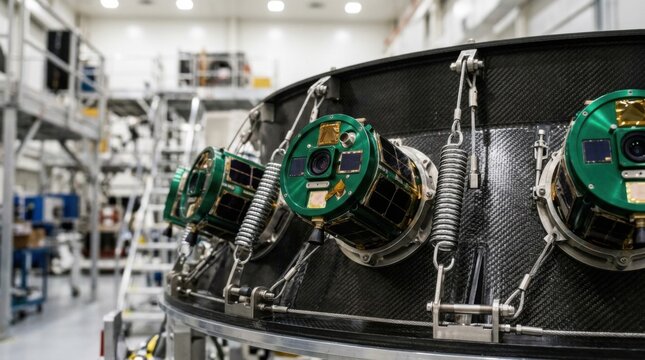Carbon fiber payload adapter ring holding emerald green micro satellites with tension cables and release springs in an aerospace cleanroom facility.